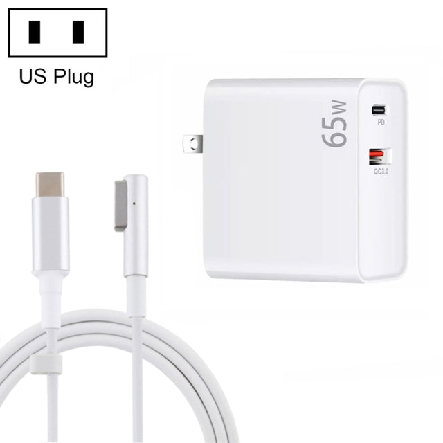 PD-65W USB-C / Type-C + QC3. 0 USB Laptop Charging Adapter + 1.8m USB-C / Type-C to MagSafe 1 / L Head Data Cable, US Plug(White)