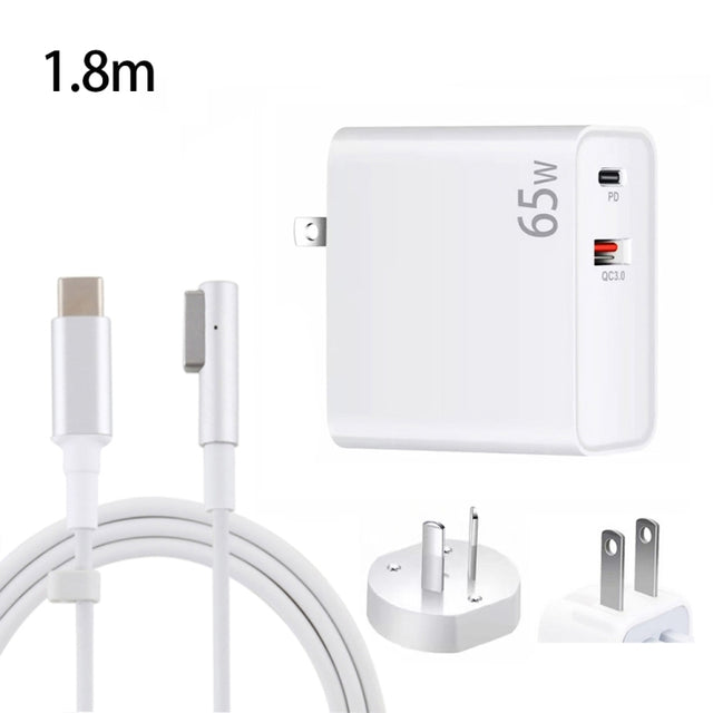 PD-65W USB-C / Type-C + QC3. 0 USB Laptop Charging Adapter + 1.8m USB-C / Type-C to MagSafe 1 / L Head Data Cable, AU Plug / US Plug(White)