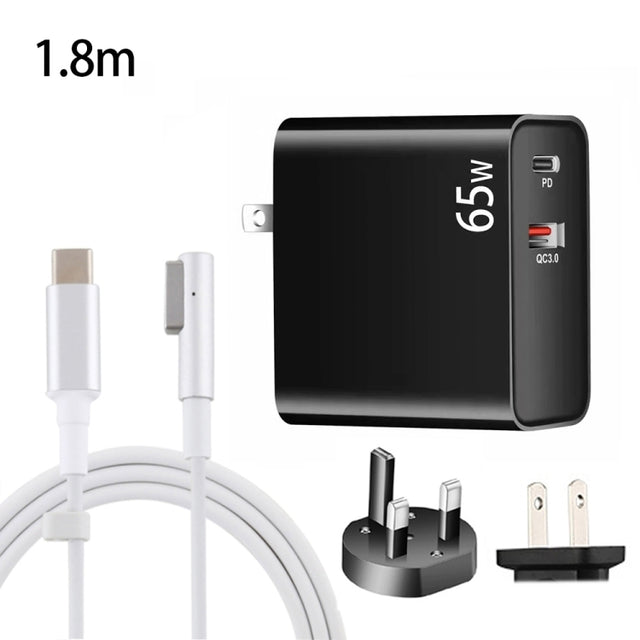 PD-65W USB-C / Type-C + QC3. 0 USB Laptop Charging Adapter + 1.8m USB-C / Type-C to MagSafe 1 / L Head Data Cable, UK Plug / US Plug(Black)