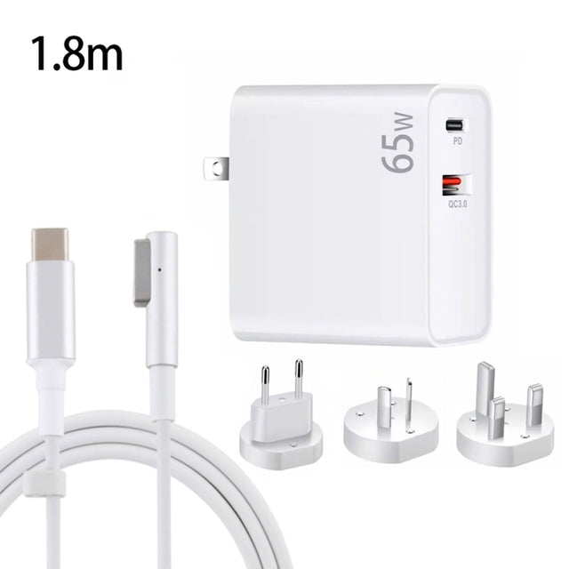 PD-65W USB-C / Type-C + QC3. 0 USB Laptop Charging Adapter + 1.8m USB-C / Type-C to MagSafe 1 / L Head Data Cable,  AU Plug / EU Plug / US Plug / UK Plug(White)