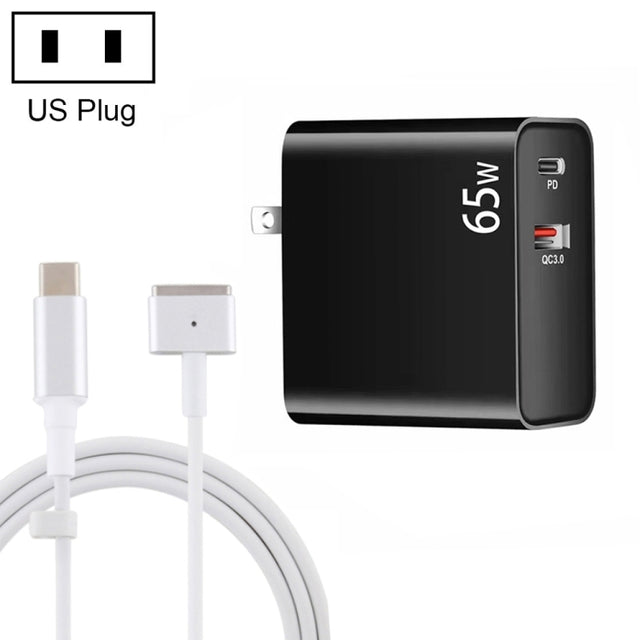 PD-65W USB-C / Type-C + QC3. 0 USB Laptop Charging Adapter + 1.8m USB-C / Type-C to MagSafe 2 / T Head Data Cable, US Plug(Black)