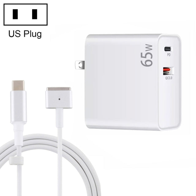 PD-65W USB-C / Type-C + QC3. 0 USB Laptop Charging Adapter + 1.8m USB-C / Type-C to MagSafe 2 / T Head Data Cable, US Plug(White)