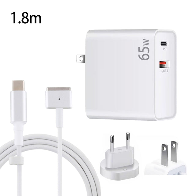PD-65W USB-C / Type-C + QC3. 0 USB Laptop Charging Adapter + 1.8m USB-C / Type-C to MagSafe 2 / T Head Data Cable, EU Plug / US Plug(White)