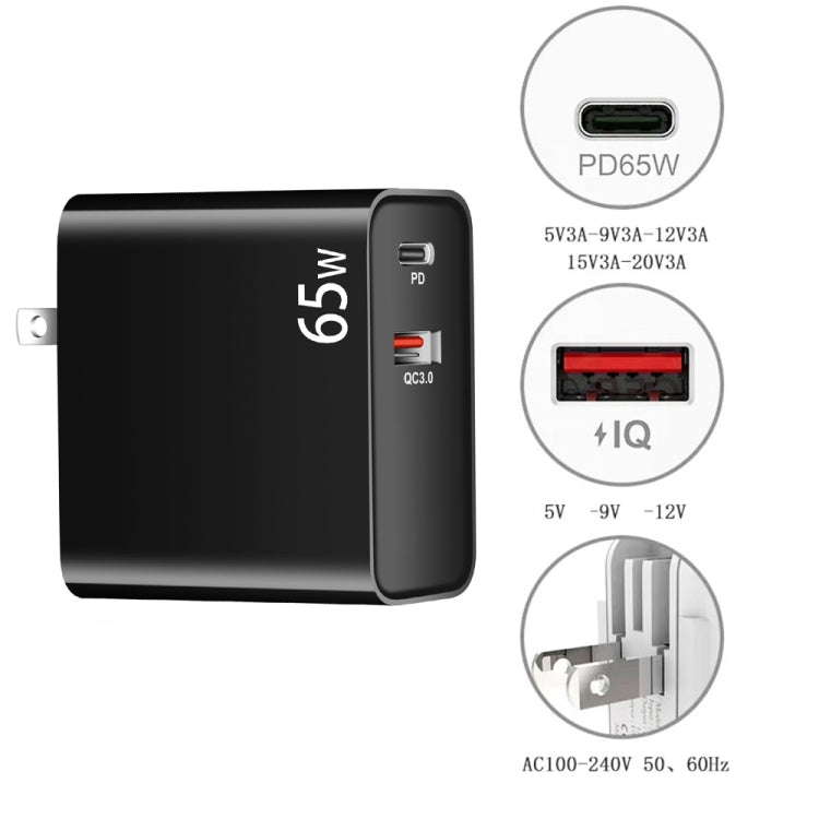 PD-65W USB-C / Type-C + QC3. 0 USB Laptop Charging Adapter + 1.8m USB-C / Type-C to MagSafe 2 / T Head Data Cable, EU Plug / US Plug(Black) - Cable & Adapter by PMC Jewellery | Online Shopping South Africa | PMC Jewellery | Buy Now Pay Later Mobicred