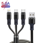 XJ-76 40W 5A 3 in 1 USB to 8 Pin + Type-C + Micro USB Super Flash Charging Cable, Length: 1.18m(Black)
