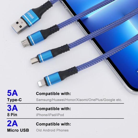 ENKAY ENK-CB121 1.5m 3 in 1 USB 3.0 to Type-C / 8 Pin / Micro USB 5A Fast Charging Cable(Black+Red)