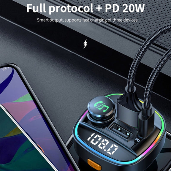 C22 Car Bluetooth 5.0 FM Transmitter LED Light Voltage Display QC 3.0 PD Charger