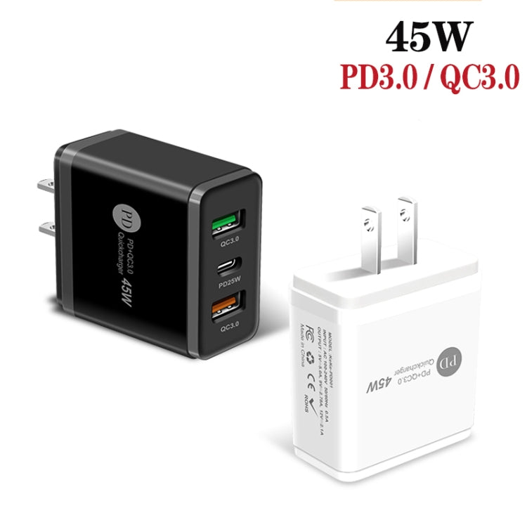 45W PD3.0 + 2 x QC3.0 USB Multi Port Charger with Type-C to 8 Pin Cable, US Plug(Black)