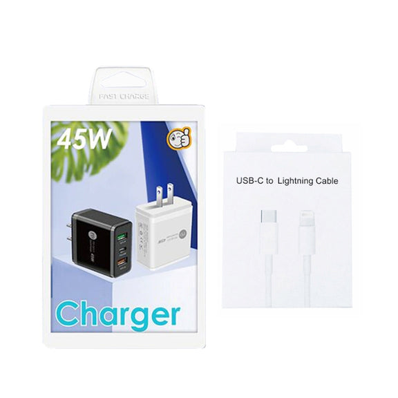 45W PD3.0 + 2 x QC3.0 USB Multi Port Charger with Type-C to 8 Pin Cable, US Plug(Black)