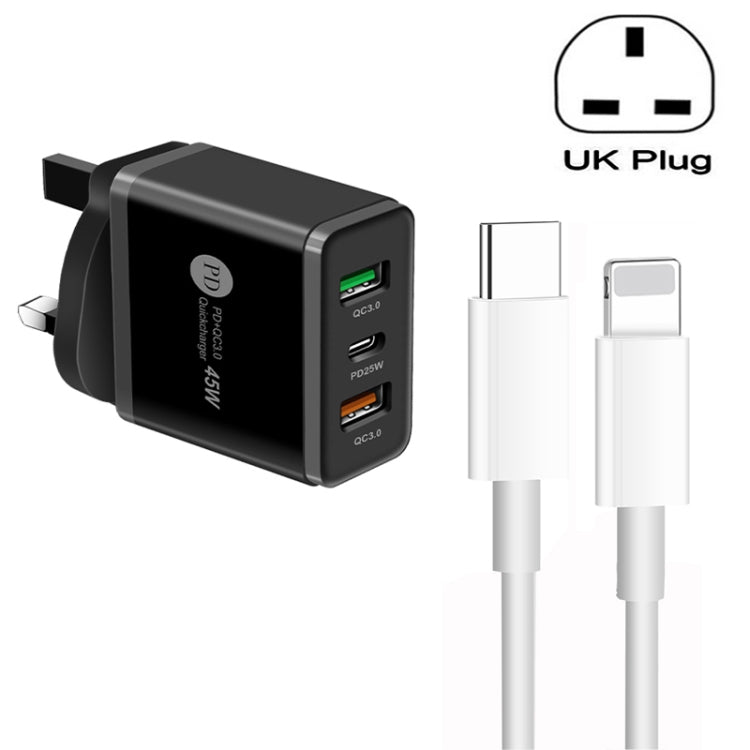 45W PD3.0 + 2 x QC3.0 USB Multi Port Charger with Type-C to 8 Pin Cable, UK Plug(Black) - free shipping - PMC Jewellery - Order now!