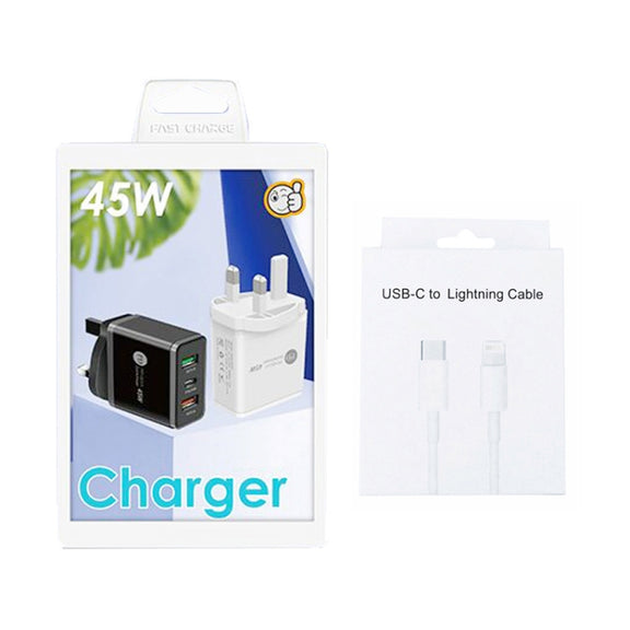 45W PD3.0 + 2 x QC3.0 USB Multi Port Charger with Type-C to 8 Pin Cable, UK Plug(Black)