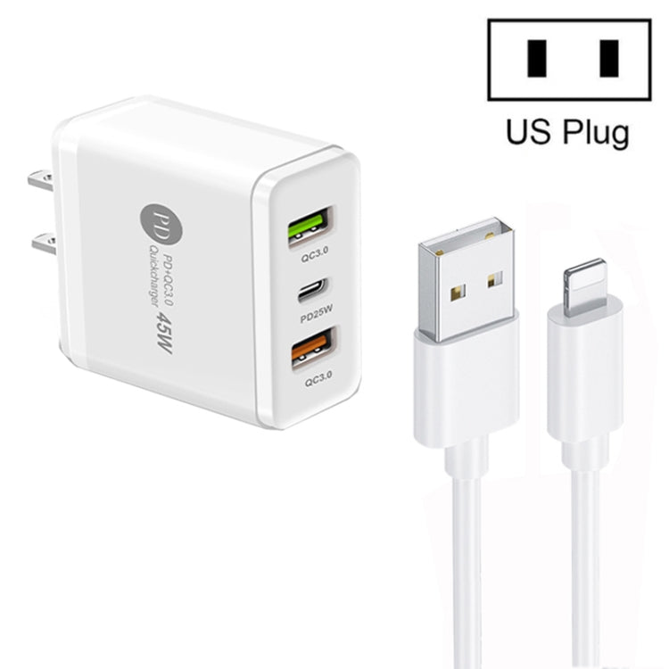 45W PD25W + 2 x QC3.0 USB Multi Port Charger with USB to 8 Pin Cable, US Plug(White) - free shipping - PMC Jewellery - Order now!