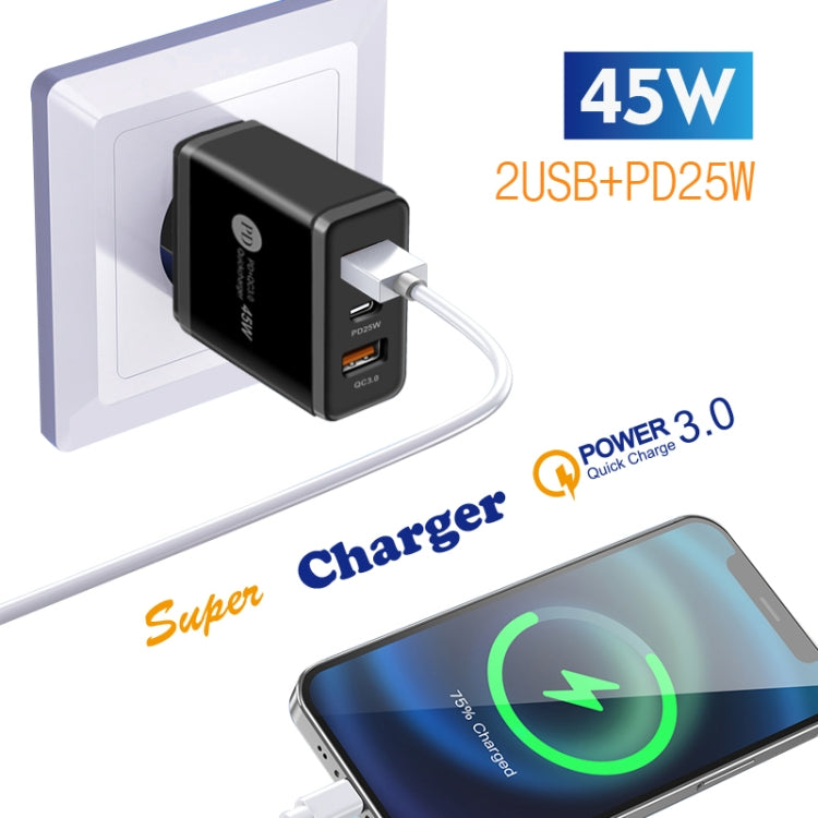45W PD25W + 2 x QC3.0 USB Multi Port Charger with USB to 8 Pin Cable, US Plug(Black)