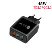 45W PD25W + 2 x QC3.0 USB Multi Port Charger with USB to 8 Pin Cable, EU Plug(Black)