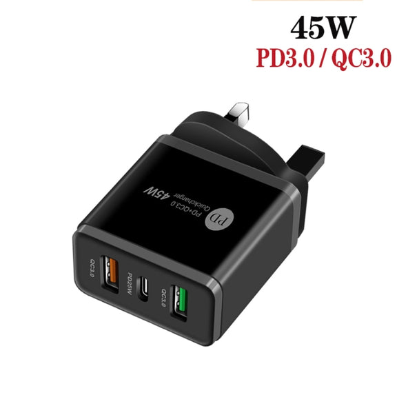 45W PD25W + 2 x QC3.0 USB Multi Port Charger with USB to 8 Pin Cable, UK Plug(Black)