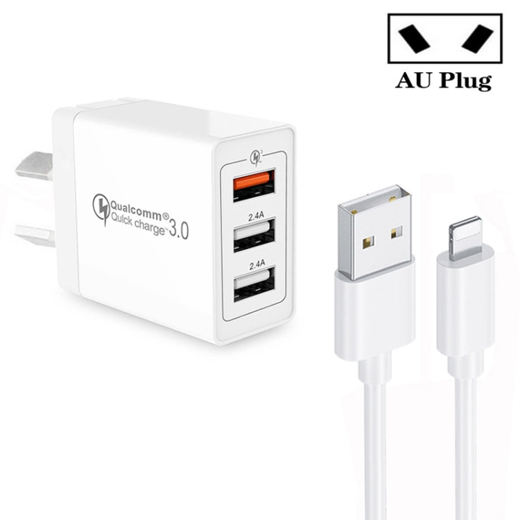 SDC-30W QC3.0 USB + 2 x USB2.0 Port Quick Charger with USB to 8 Pin Cable, AU Plug - free shipping - PMC Jewellery - Order now!