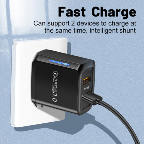 36W Dual Port QC3.0 USB Charger with 3A USB to 8 Pin Data Cable, US Plug(White)