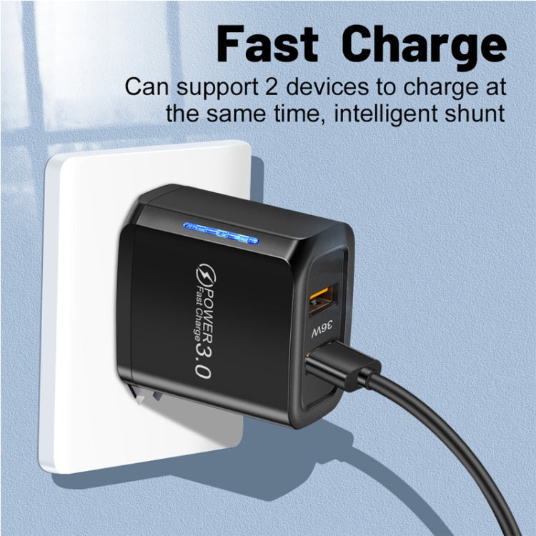 36W Dual Port QC3.0 USB Charger with 3A USB to 8 Pin Data Cable, US Plug(Black)
