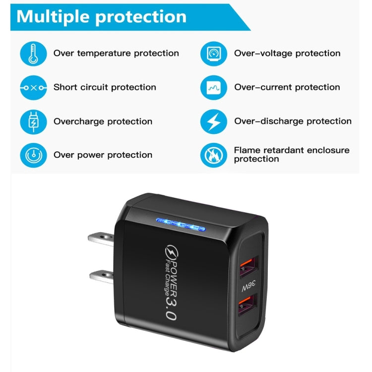 36W Dual Port QC3.0 USB Charger with 3A USB to 8 Pin Data Cable, US Plug(White)