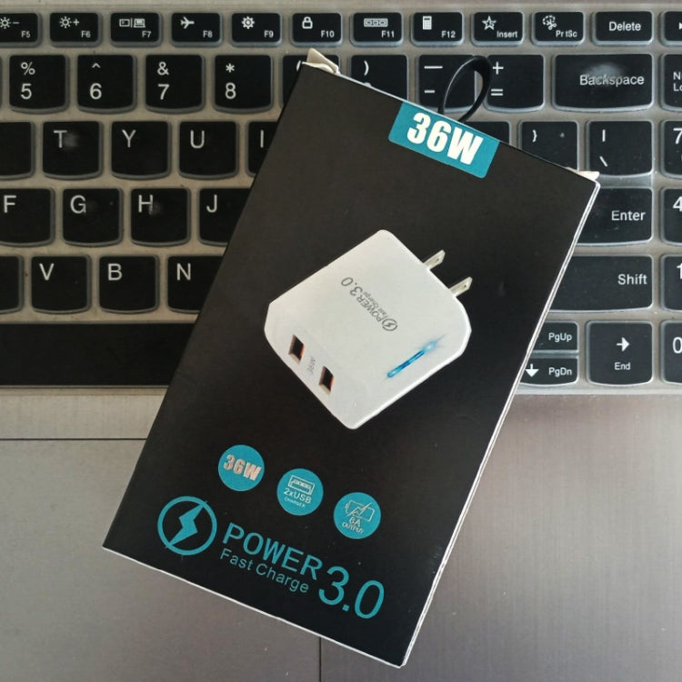 36W Dual Port QC3.0 USB Charger with 3A USB to 8 Pin Data Cable, US Plug(Black)