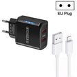 36W Dual Port QC3.0 USB Charger with 3A USB to 8 Pin Data Cable, EU Plug(Black) - USB Charger by PMC TechLife | Online Shopping South Africa | PMC TechLife | Buy Now Pay Later Mobicred