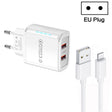 36W Dual Port QC3.0 USB Charger with 3A USB to 8 Pin Data Cable, EU Plug(White) - USB Charger by PMC TechLife | Online Shopping South Africa | PMC TechLife | Buy Now Pay Later Mobicred