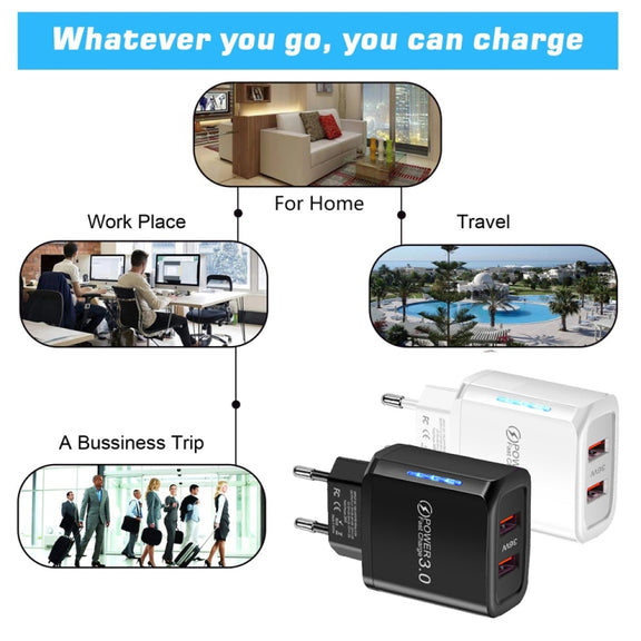 36W Dual Port QC3.0 USB Charger with 3A USB to 8 Pin Data Cable, EU Plug(Black)