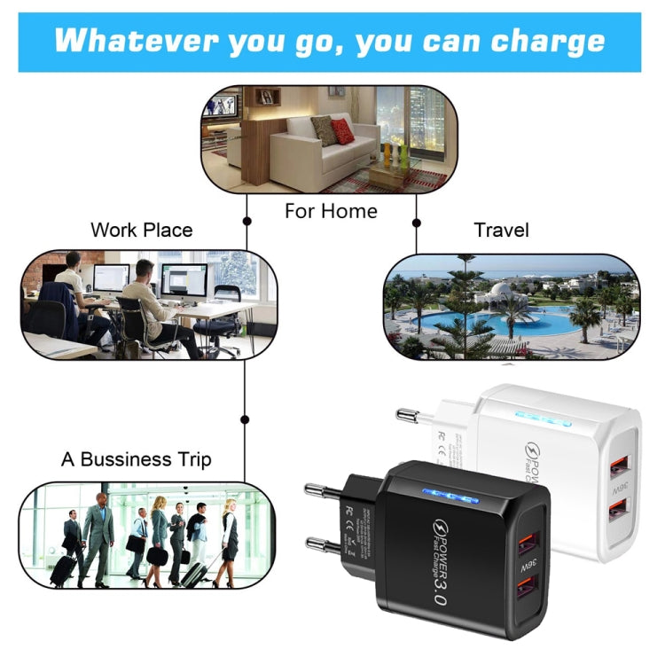 36W Dual Port QC3.0 USB Charger with 3A USB to 8 Pin Data Cable, EU Plug(Black)