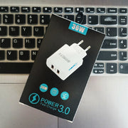 36W Dual Port QC3.0 USB Charger with 3A USB to 8 Pin Data Cable, EU Plug(Black)