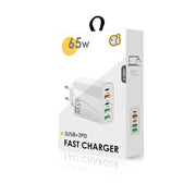 65W Dual PD Type-C + 3 x USB Multi Port Charger with 3A Type-C to 8 Pin Data Cable, EU Plug(White)