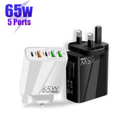 65W Dual PD Type-C + 3 x USB Multi Port Charger with 3A Type-C to 8 Pin Data Cable, UK Plug(Black)