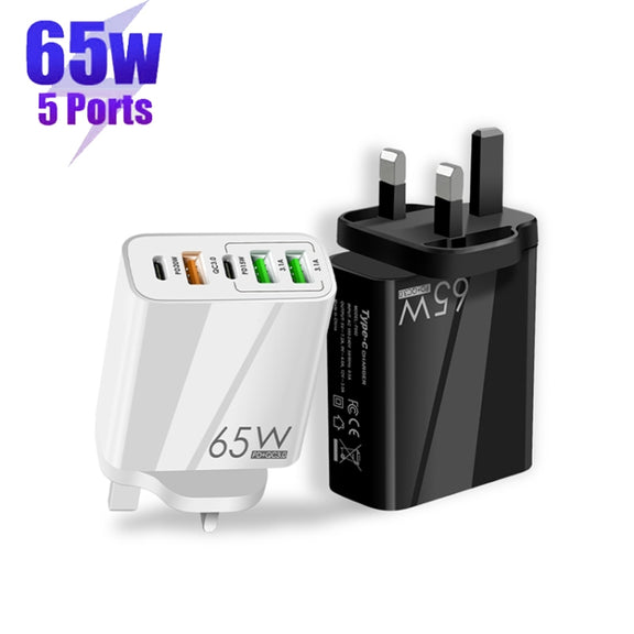65W Dual PD Type-C + 3 x USB Multi Port Charger with 3A Type-C to 8 Pin Data Cable, UK Plug(White)