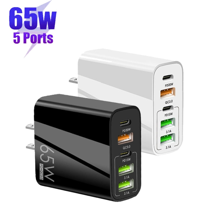 65W Dual PD Type-C + 3 x USB Multi Port Charger with 3A USB to 8 Pin Data Cable, US Plug(Black)