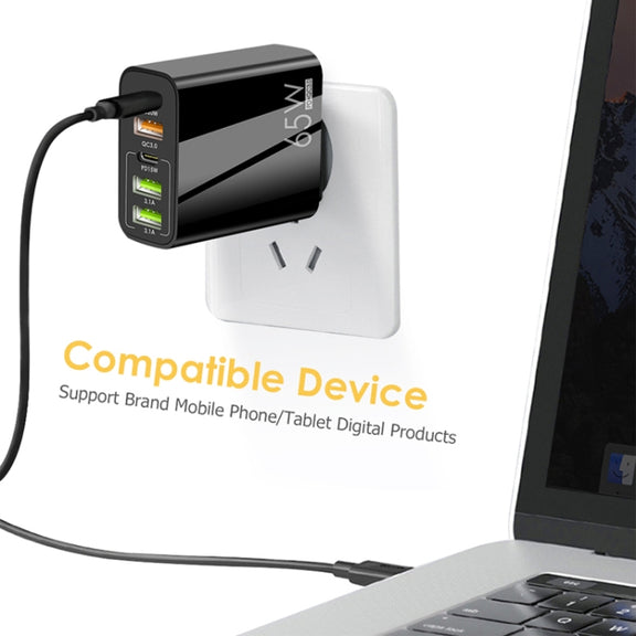 65W Dual PD Type-C + 3 x USB Multi Port Charger with 3A USB to 8 Pin Data Cable, US Plug(Black)