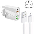65W Dual PD Type-C + 3 x USB Multi Port Charger with 3A USB to 8 Pin Data Cable, UK Plug(White) - free shipping - PMC TechLife - Order now!