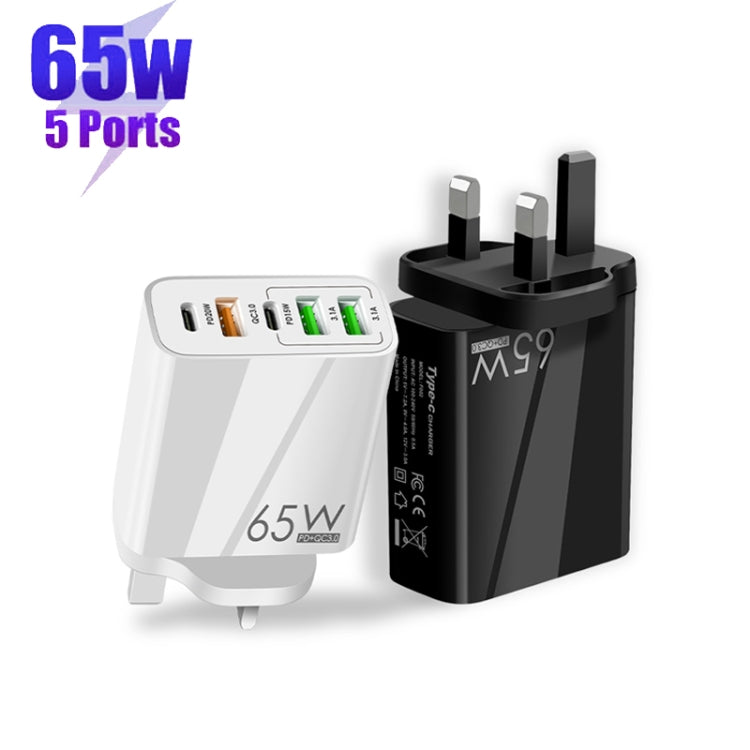 65W Dual PD Type-C + 3 x USB Multi Port Charger with 3A USB to 8 Pin Data Cable, UK Plug(White)
