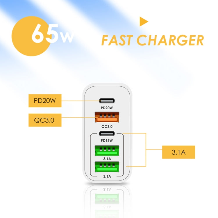 65W Dual PD Type-C + 3 x USB Multi Port Charger with 3A USB to 8 Pin Data Cable, UK Plug(White) - free shipping - PMC Jewellery - Order now!