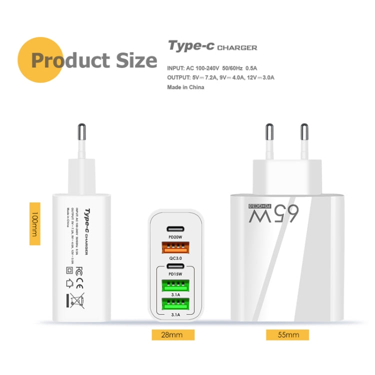 65W Dual PD Type-C + 3 x USB Multi Port Charger with 3A USB to 8 Pin Data Cable, UK Plug(White) - free shipping - PMC Jewellery - Order now!