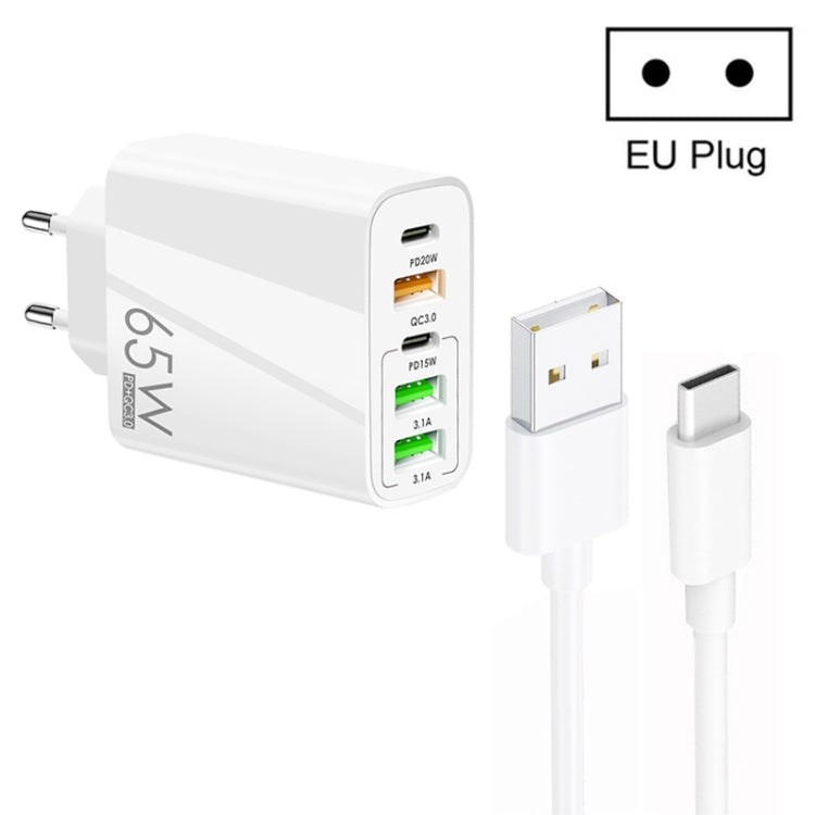 65W Dual PD Type-C + 3 x USB Multi Port Charger with 3A USB to Type-C Data Cable, EU Plug(White) - USB Charger by PMC TechLife | Online Shopping South Africa | PMC TechLife | Buy Now Pay Later Mobicred
