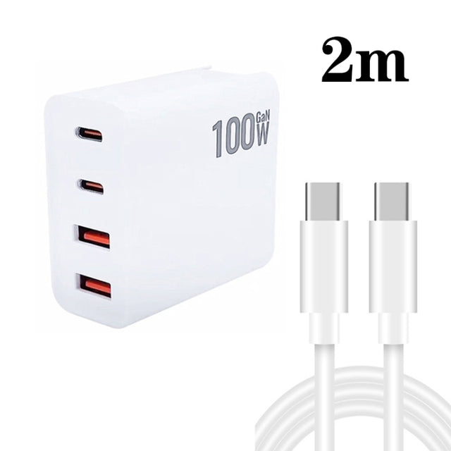 GaN 100W Dual USB + Dual USB-C/Type-C Multi Port Charger with 2m Type-C to Type-C Data Cable Set US Plug