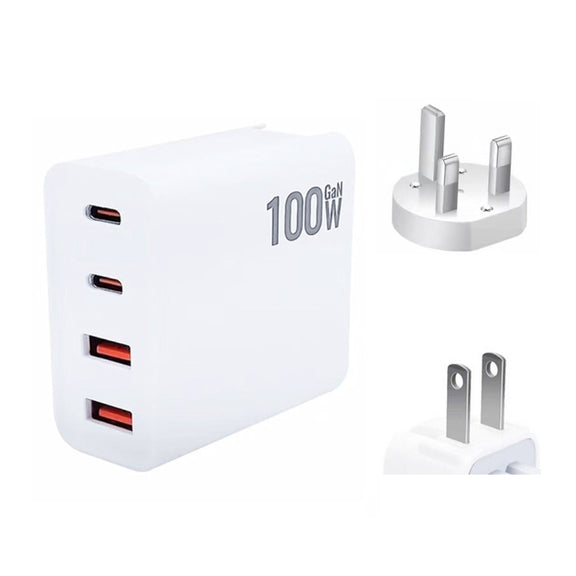 GaN 100W Dual USB + Dual USB-C/Type-C Multi Port Charger with 2m Type-C to Type-C Data Cable Set US / UK Plug