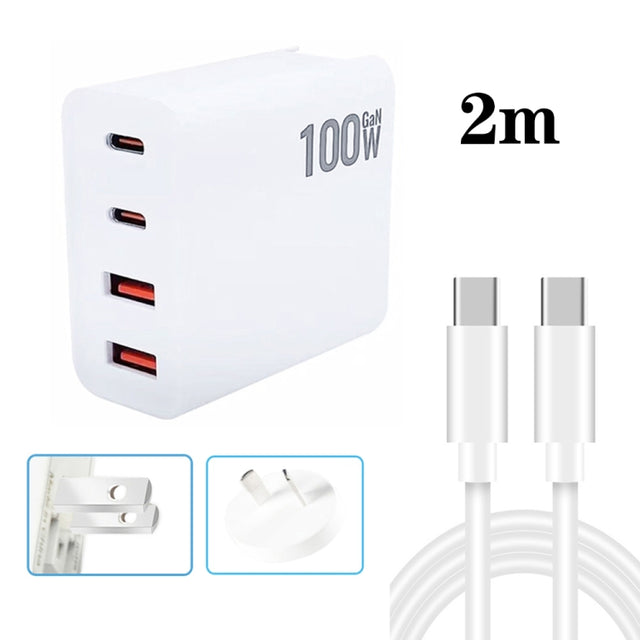 GaN 100W Dual USB + Dual USB-C/Type-C Multi Port Charger with 2m Type-C to Type-C Data Cable Set US / AU Plug
