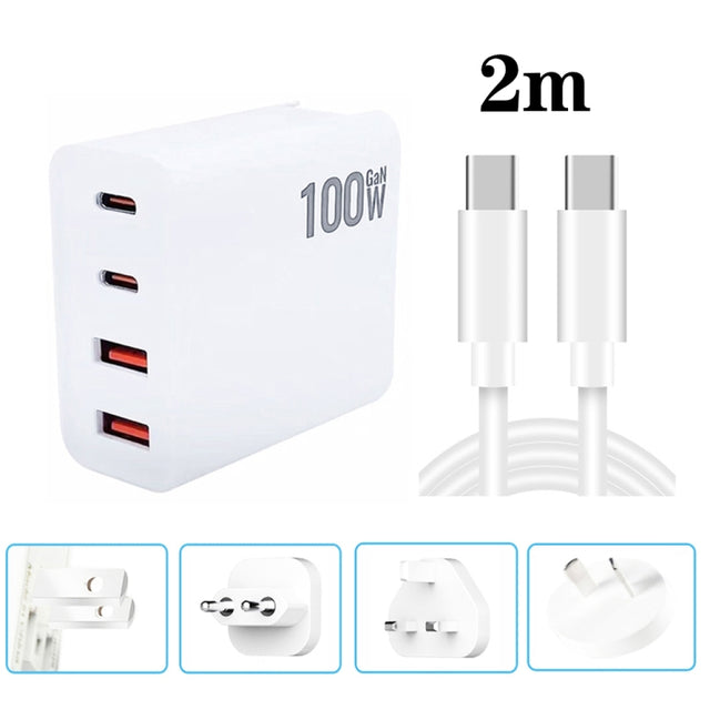 GaN 100W Dual USB + Dual USB-C/Type-C Multi Port Charger with 2m Type-C to Type-C Data Cable Set US / EU / UK / AU Plug