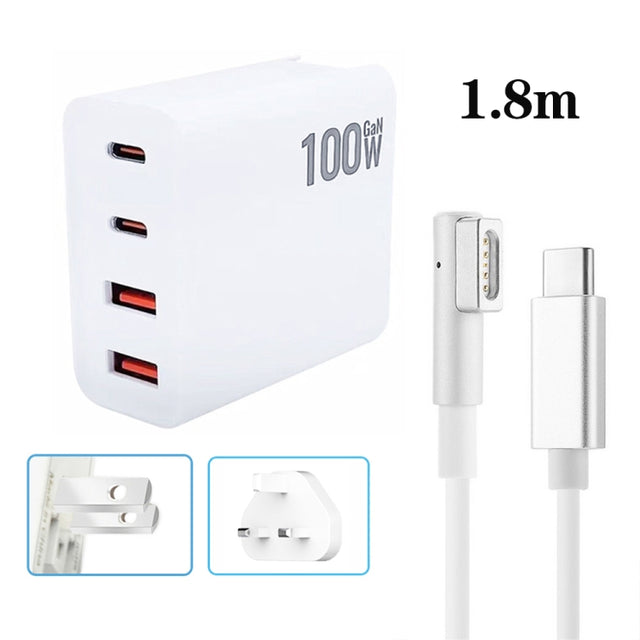 GaN 100W Dual USB+Dual USB-C/Type-C Multi Port Charger with  1.8m Type-C to MagSafe 1 / L Header Data Cable US / UK Plug