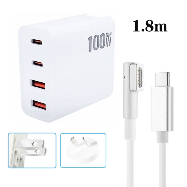 GaN 100W Dual USB+Dual USB-C/Type-C Multi Port Charger with  1.8m Type-C to MagSafe 1 / L Header Data Cable US / AU Plug