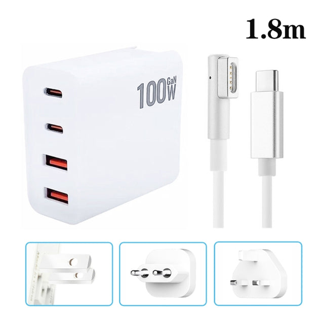 GaN 100W Dual USB+Dual USB-C/Type-C Multi Port Charger with  1.8m Type-C to MagSafe 1 / L Header Data Cable US / EU / UK Plug