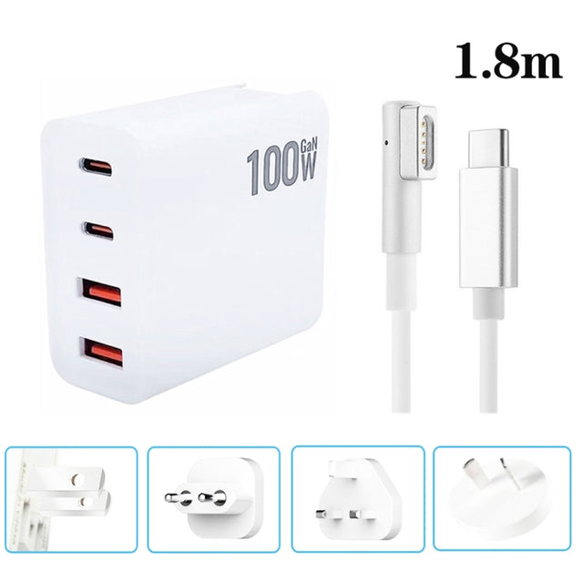 GaN 100W Dual USB+Dual USB-C/Type-C Multi Port Charger with  1.8m Type-C to MagSafe 1 / L Header Data Cable US / EU / UK / AU Plug