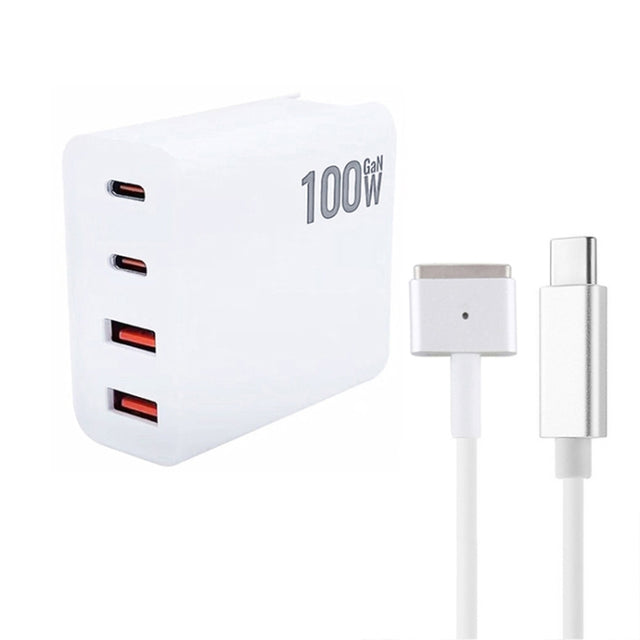 GaN 100W Dual USB-C/Type-C + Dual USB Multi Port Charger with  1.8m Type-C to MagSafe 2 / T Header Data Cable, Plug Size:US Plug