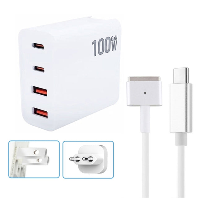 GaN 100W Dual USB-C/Type-C + Dual USB Multi Port Charger with  1.8m Type-C to MagSafe 2 / T Header Data Cable, Plug Size:US / EU Plug