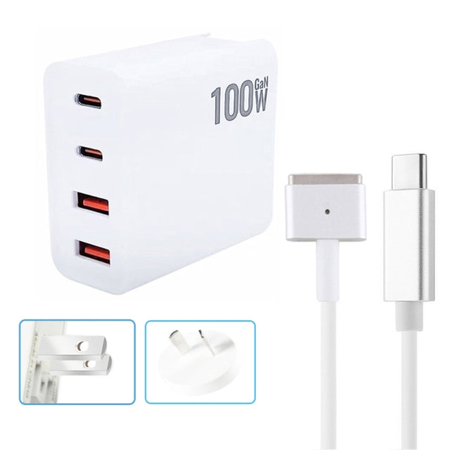 GaN 100W Dual USB-C/Type-C + Dual USB Multi Port Charger with  1.8m Type-C to MagSafe 2 / T Header Data Cable, Plug Size:US / AU Plug